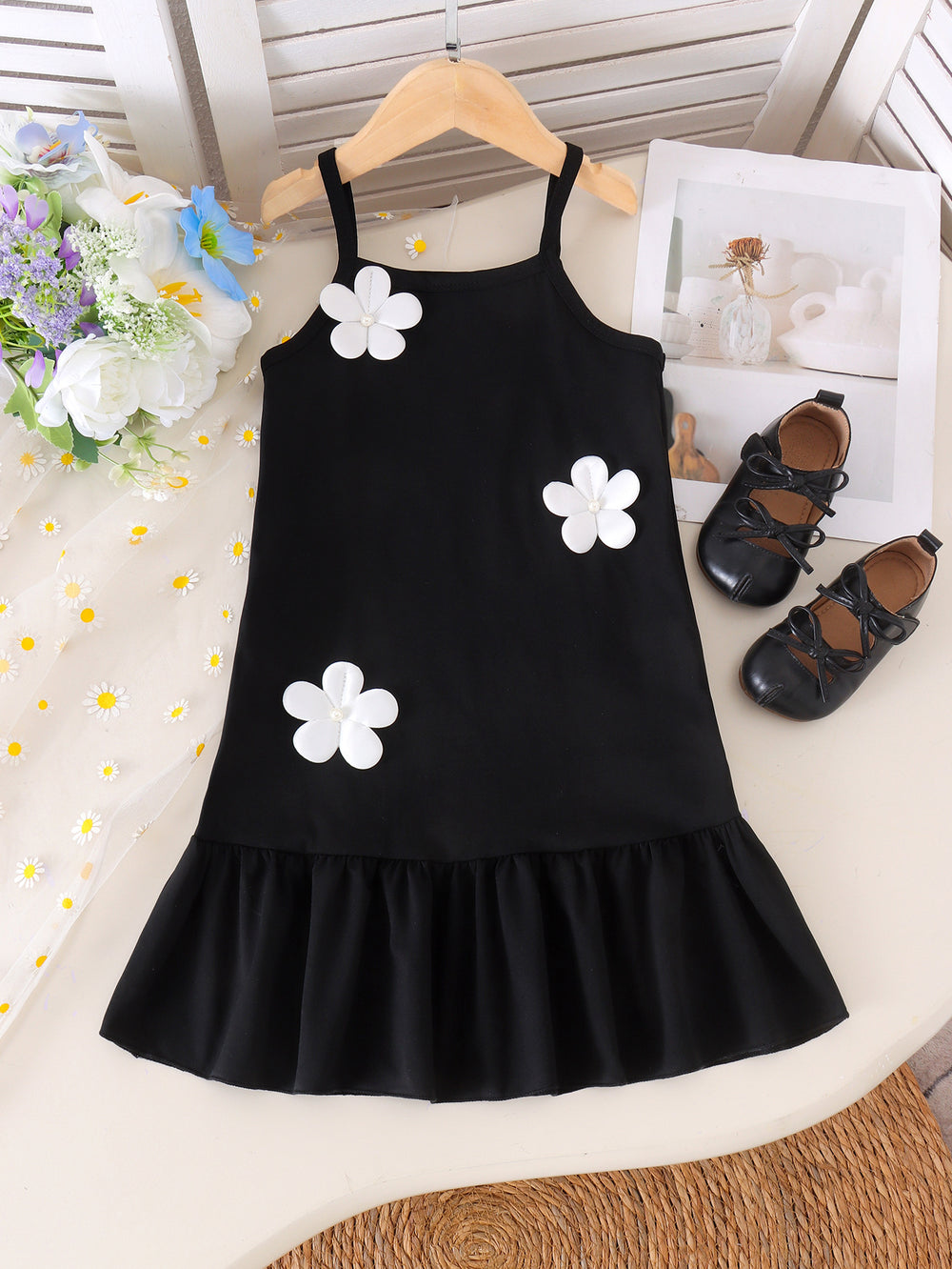 Girl's a-line sundress with 3d floral appliqués - black and white color block, perfect for a fresh summer look