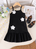 Girl's a-line sundress with 3d floral appliqués - black and white color block, perfect for a fresh summer look