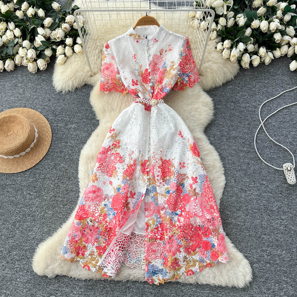 French-inspired vintage lace print dress for women, featuring a cutout design, high waist, cinched waist, a-line silhouette, and an elegant, sophisticated style