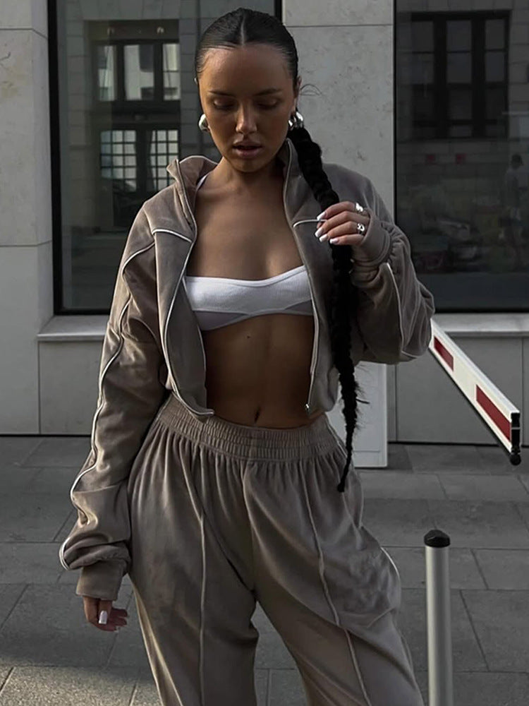 European and American  fashion sports suit women's street style long-sleeved cardigan trousers two-piece casual jacket set