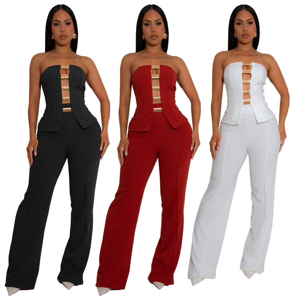 C7367 cross-border   fashion women's sexy bandeau gold buckle wrap-around arm pants two-piece set