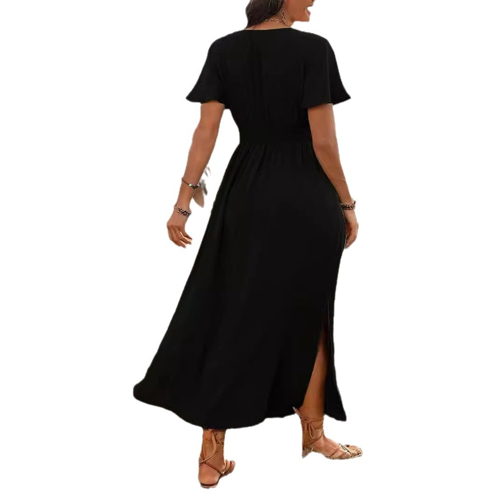 european and american cross-border  summer new arrival: solid color v-neck flared sleeve elastic waist slimming slit maxi dress