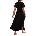 european and american cross-border  summer new arrival: solid color v-neck flared sleeve elastic waist slimming slit maxi dress