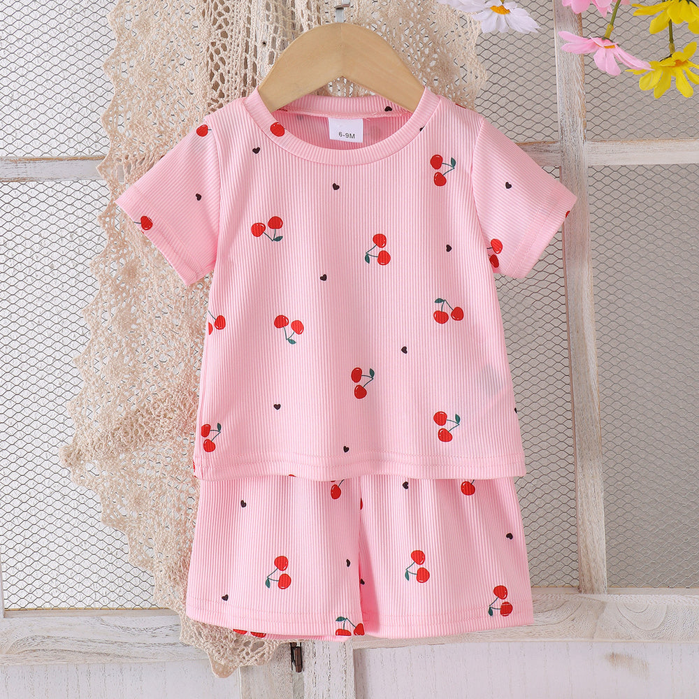 exclusive supply of new arrival children's pink cherry t-shirt + shorts set for european and american girls