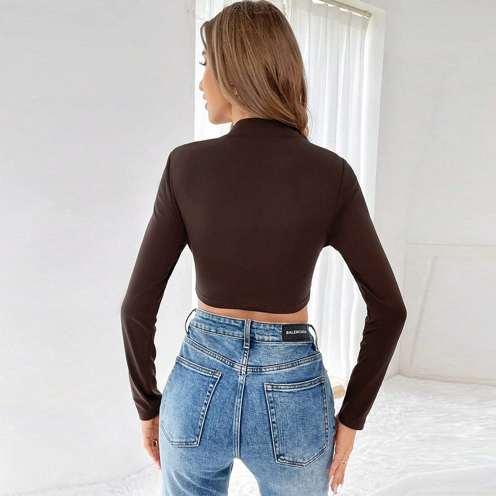 Cross-border European and American women's clothing 2024 autumn and winter new ultra-short high-elastic half-turtleneck long-sleeved t-shirt American Spice Girl top
