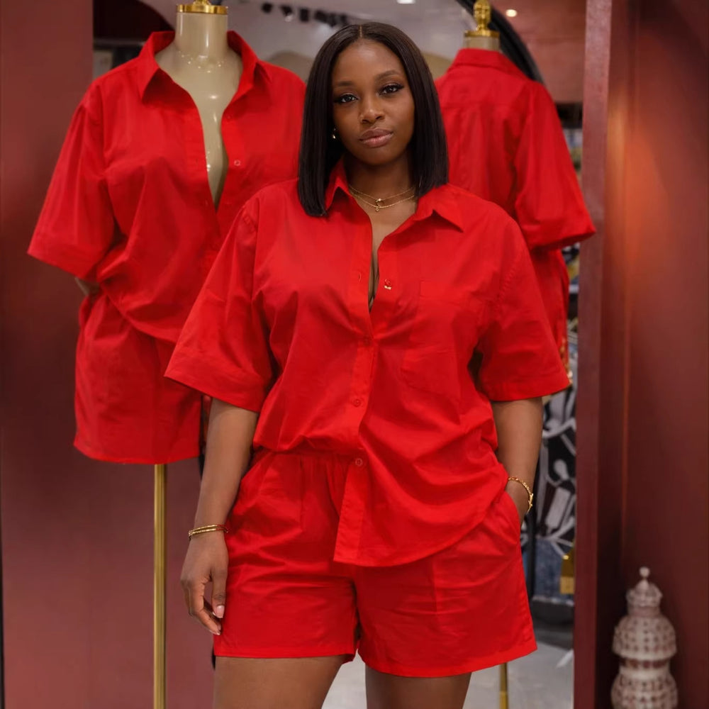 European and american style women's summer  new collection: sweet and fresh turn-down collar short-sleeve patch pocket shirt & high-waisted straight-leg shorts two-piece set