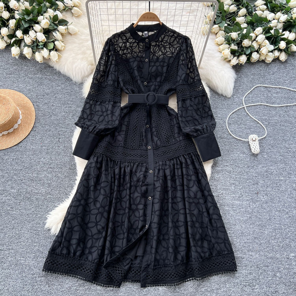 Palace style dress for women spring new frencheleganceembroider lantern sleeves waist single breasted large hem long skirt