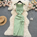 Sleeveless round neck knitting vest dress women's summernew arrival silmslimming lookelegant drawstring slit hip-hugging dress trendy