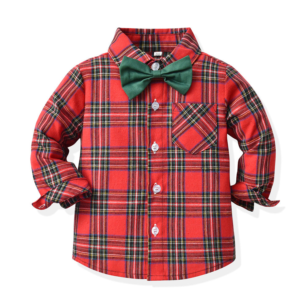 Boys' suit set - new export style, kids' christmas gentleman outfit, long-sleeve plaid shirt, autumn/winter green christmas set