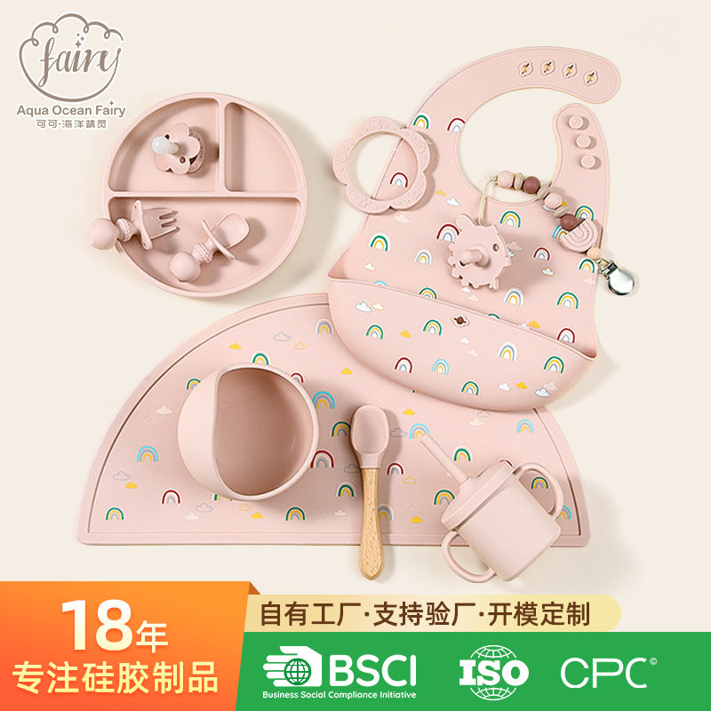 Cross-border food-grade silicone children's tableware set Baby complementary food bowl bib fork spoon feeding children's tableware set