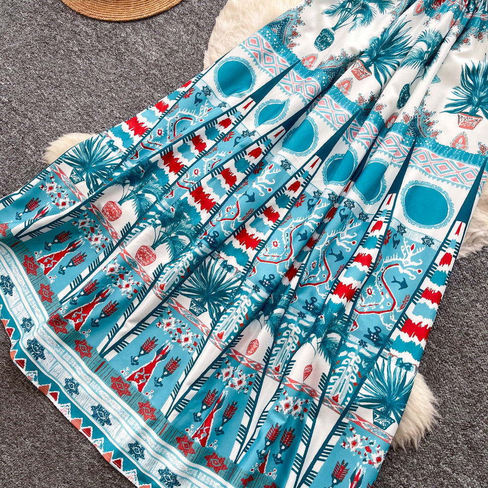 Vacation style printingtube top suspender dress women's summer blue printing sleeveless silm a-line skirt large hem long skirt