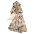 Elegant two-piece set: french-inspired, high-end tie-waist lantern sleeve printed chiffon top + high-waisted midi skirt