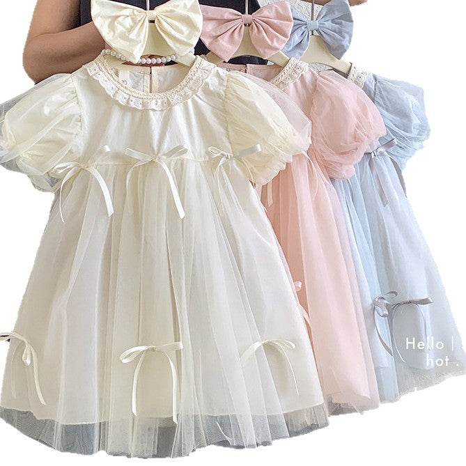 new girls' summer dress: stylish and trendy bubble sleeve mesh dress - sweet and elegant princess style