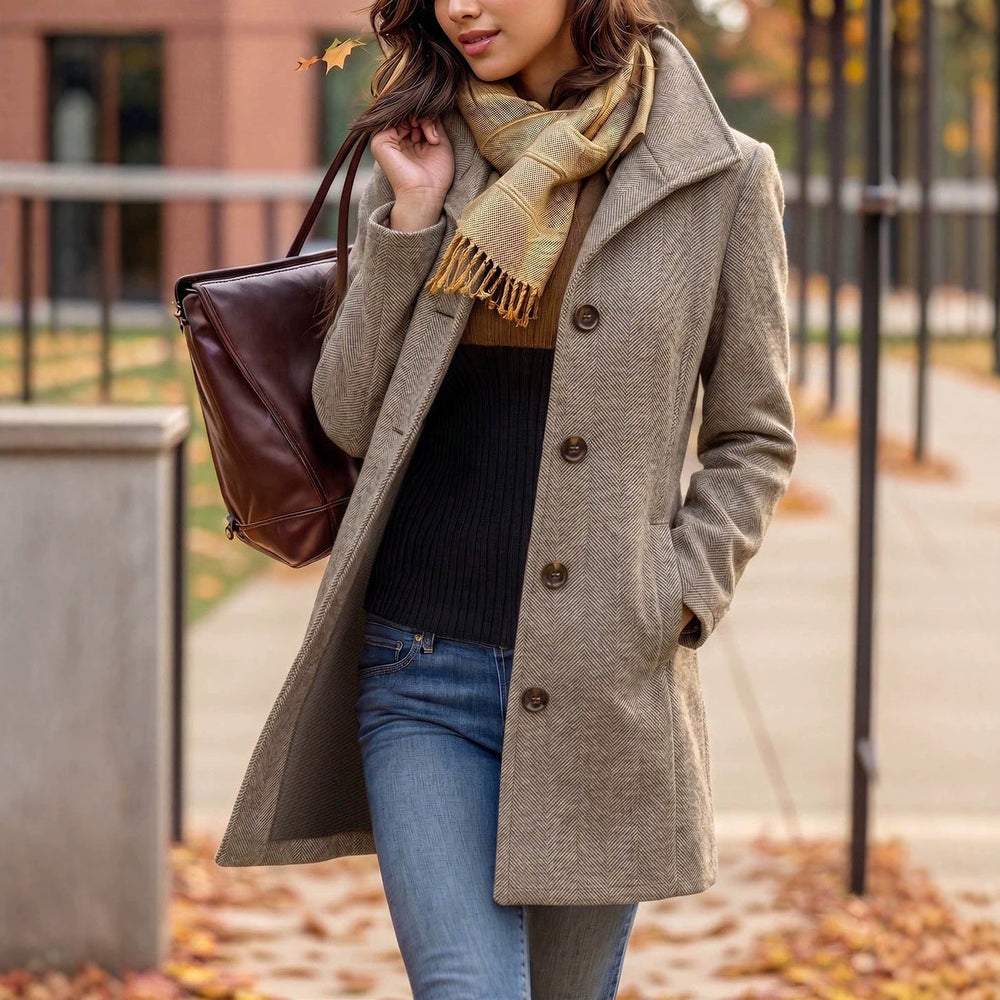 Fashionfall and winter style women's outwear herringbone pattern large lapel single breasted flap pocket pants design slimming lookwoolen coat supply