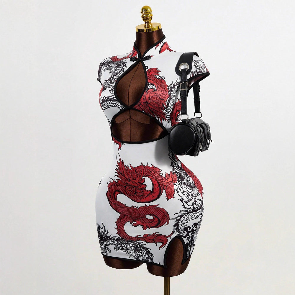 Chinese style summer women's dragon print short sleeve slim-fit mandarin collar dress - elegant & chic - ozon export