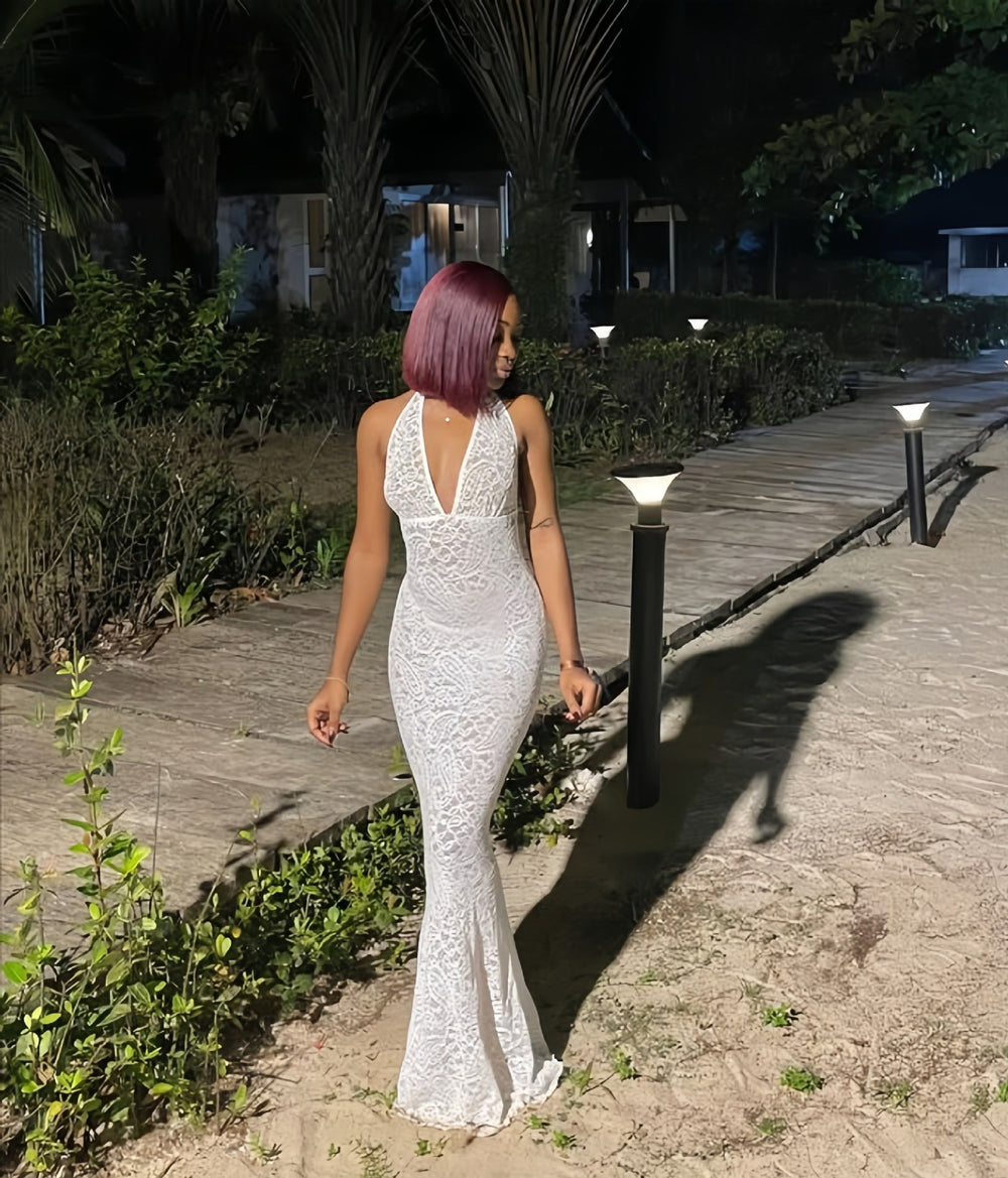 European and american cross-border women's fashion:  early winter new sleeveless halter v-neck tie-back slim-fit maxi dress