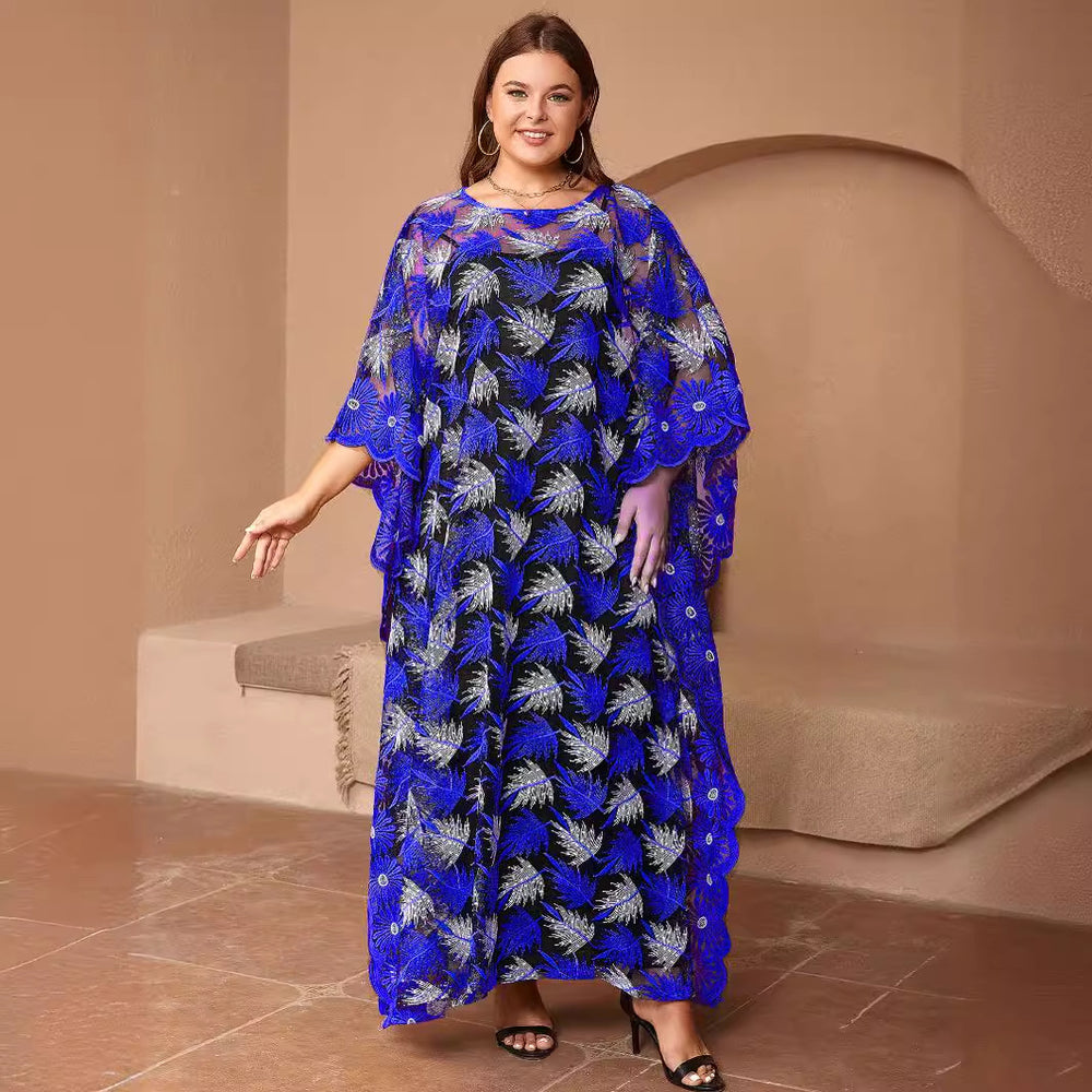 Plus size ethnic style lace embroidered batwing maxi dress african women's two-piece set - high quality