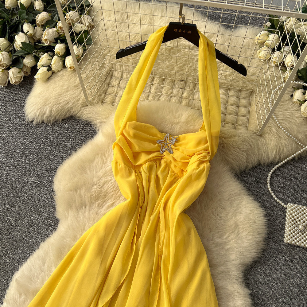 Vacation style halter star elegant style dress female yellow high waistslimming lookasymmetrical long skirt sexyelegant skirt