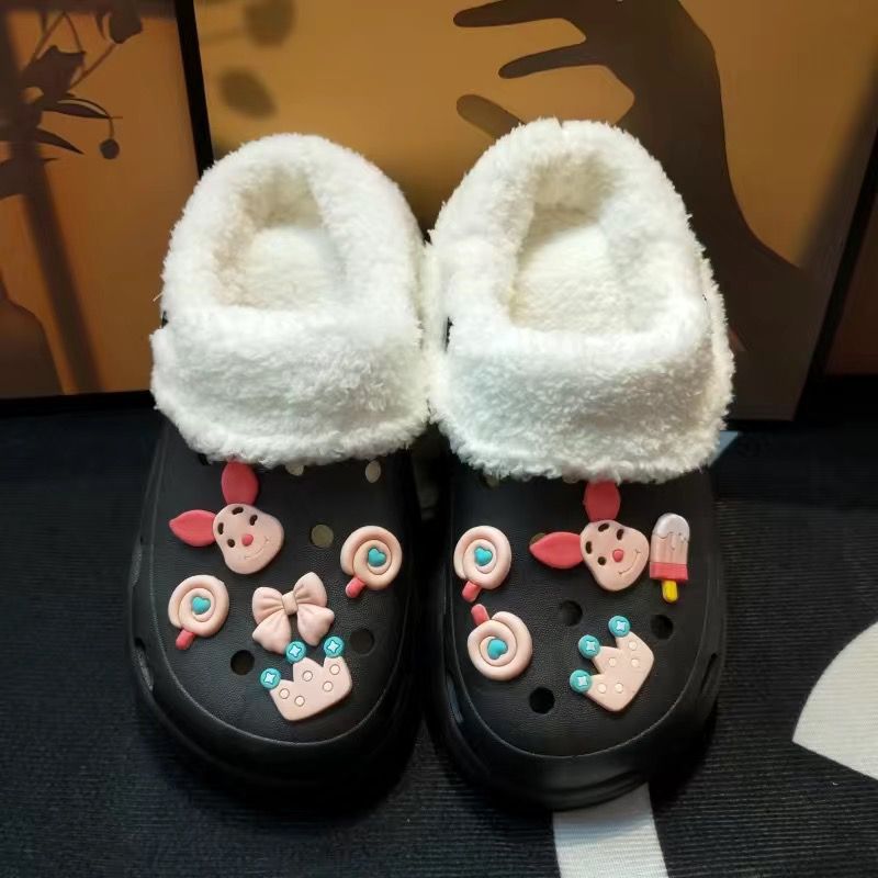 Fleece-lined cotton clogs for women, autumn and winter inner lining, 2024 new style, outer wear, height-increasing thick sole, furry cotton slippers for winter