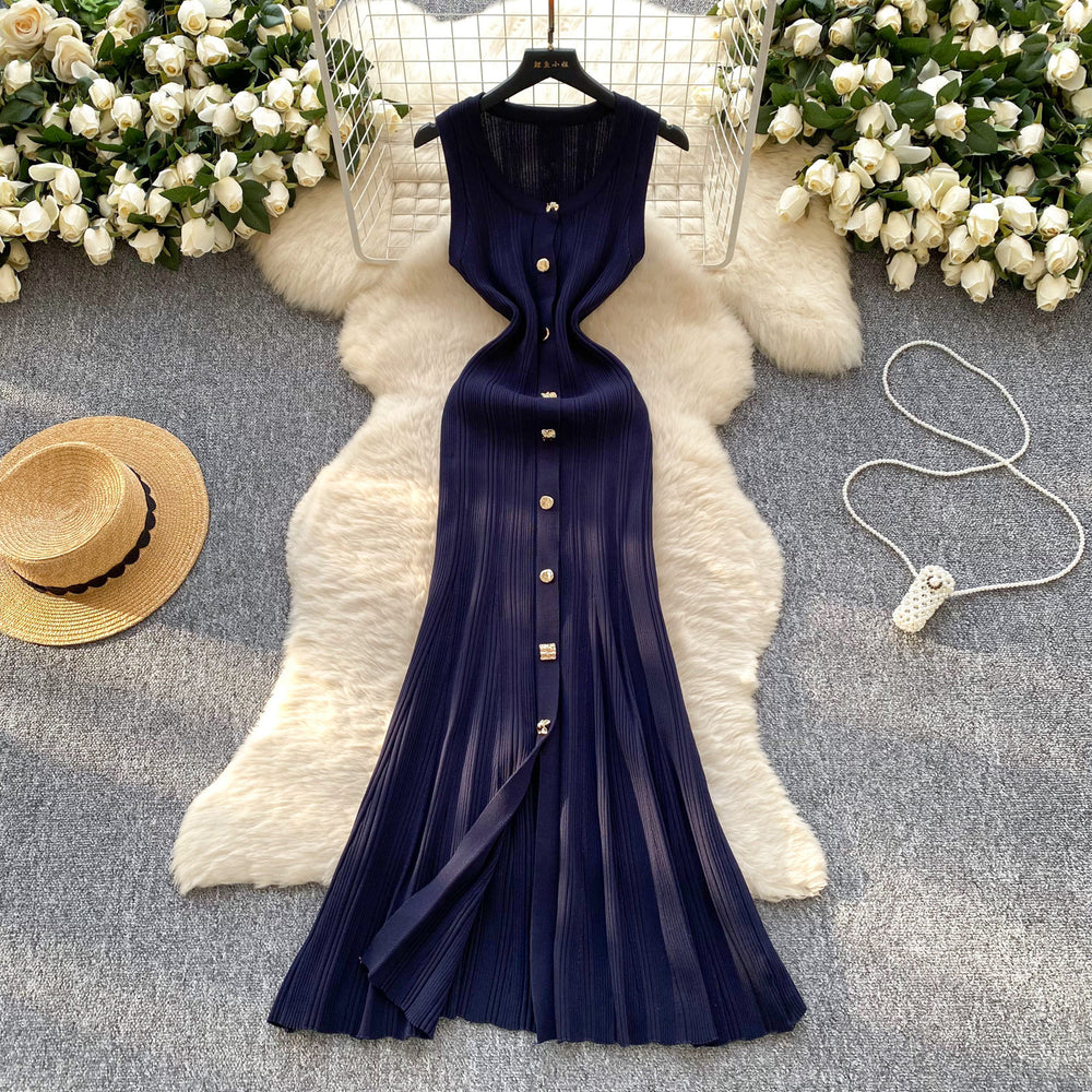 Xiaoxiangfengclassy round neck sleeveless knittingdress women's silmslimming look metal button tight hip-hugging long skirt