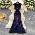 Xiaoxiangfengclassy round neck sleeveless knittingdress women's silmslimming look metal button tight hip-hugging long skirt