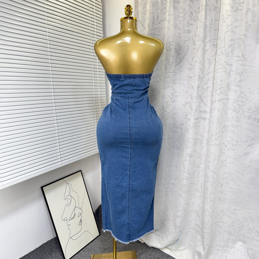 Summer american sexy bandeau single-breasted denim dress - raw hem, double pockets, tie-waist, bodycon mini dress