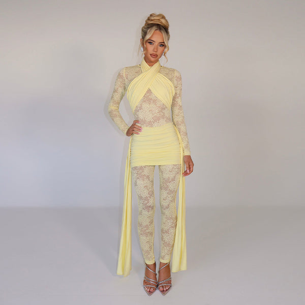 Cross-border European and American style 2025 summer new women's onesie sexy lace streamer splicing leggings