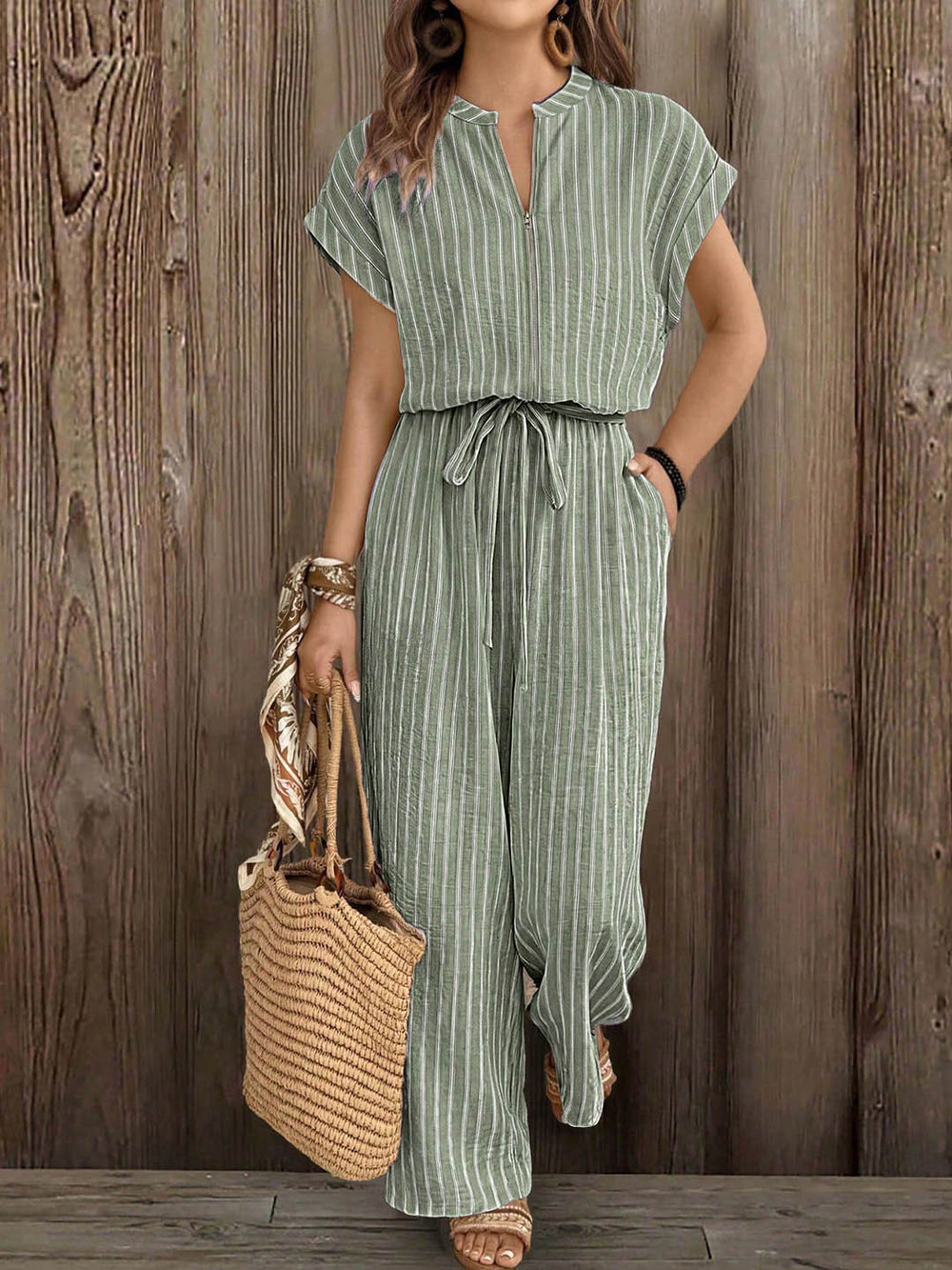 vacation striped plus size jumpsuit - front zipper, stand collar, drawstring waist, side pockets, loose wide leg