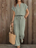 vacation striped plus size jumpsuit - front zipper, stand collar, drawstring waist, side pockets, loose wide leg