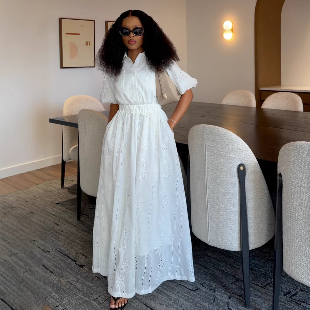 Fashion cross-border women's clothing  summer new elegant lapel puff sleeve cut out shirt high waist skirt suit