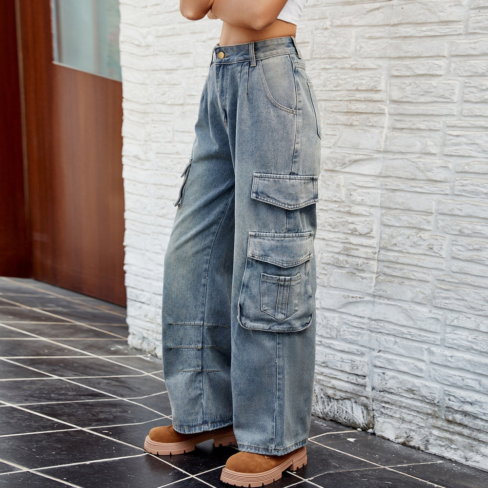 European and american cross-border e-commerce women's spring/summer new arrivals:  independent store washed semi-elastic wide-leg denim cargo pants