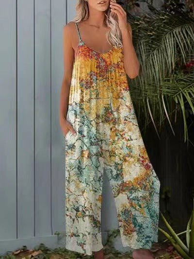 Russian, european, and american wish-style amazon 2025 new women's sexy wide-leg printed jumpsuit with straps