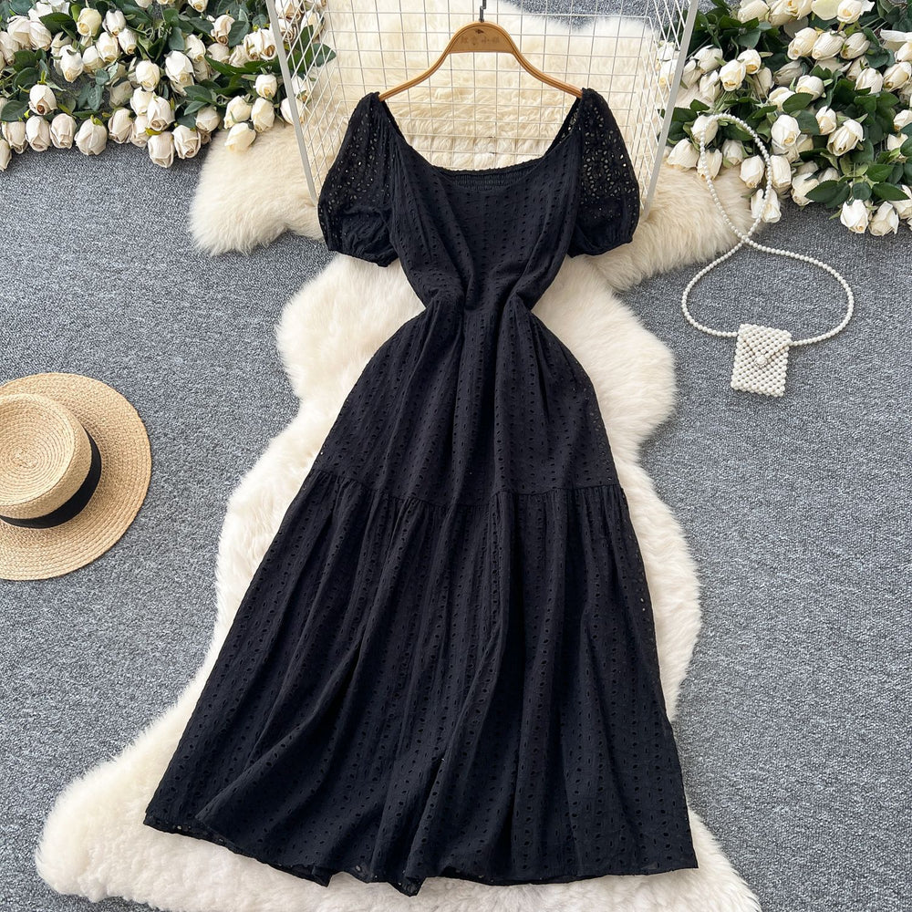 French chic embroidered cutout square neck puff sleeve dress - women's slimming, figure-flattering, elegant vacation maxi dress