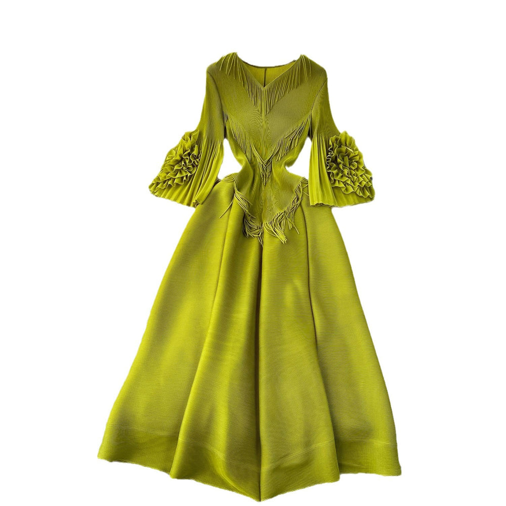 European court style women's dress - designer tassel v-neck slim fit maxi dress with miyake-inspired pleats and flared sleeves