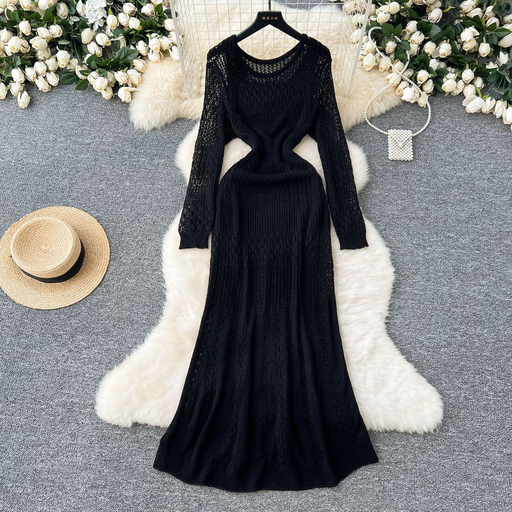 Korean style hollow-out crochet knit dress - women's slimming, long-sleeved dress with inner layer camisole two-piece set