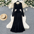 Korean style hollow-out crochet knit dress - women's slimming, long-sleeved dress with inner layer camisole two-piece set