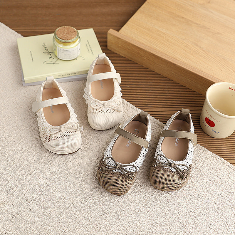 Vancahao children's shoes  spring and autumn new soft sole leather shoes korean style girls' hollow lace bow princess shoes