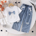 Kids clothing cross-border exclusive for european and american girls new arrival kids white short-sleeved t-shirt + blue pants