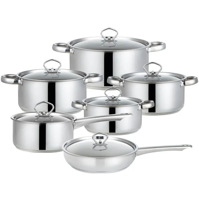 Customized fifteen-piece pot set for home with double bottom and non-magnetic stove neutral milk pot frying pan suit housewarming gift