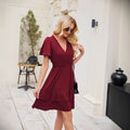 Summer women's elegant ruffle hem flutter sleeve crisscross v-neck casual dress