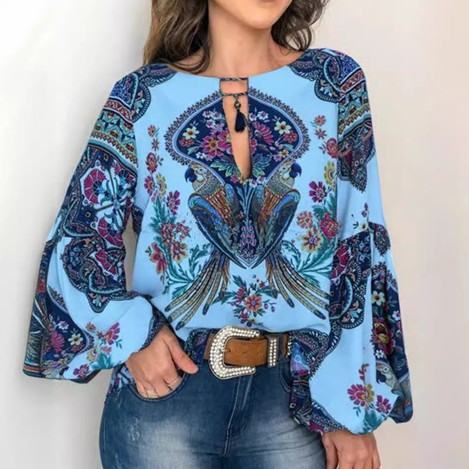 spring/summer new women's fashion: unique digital print round neck lantern sleeve blouse 5006 - large inventory available now