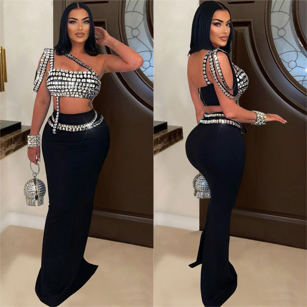 European and American women's clothing   new solid-color open-button hot diamond slanted shoulder tube top, half-length skirt set