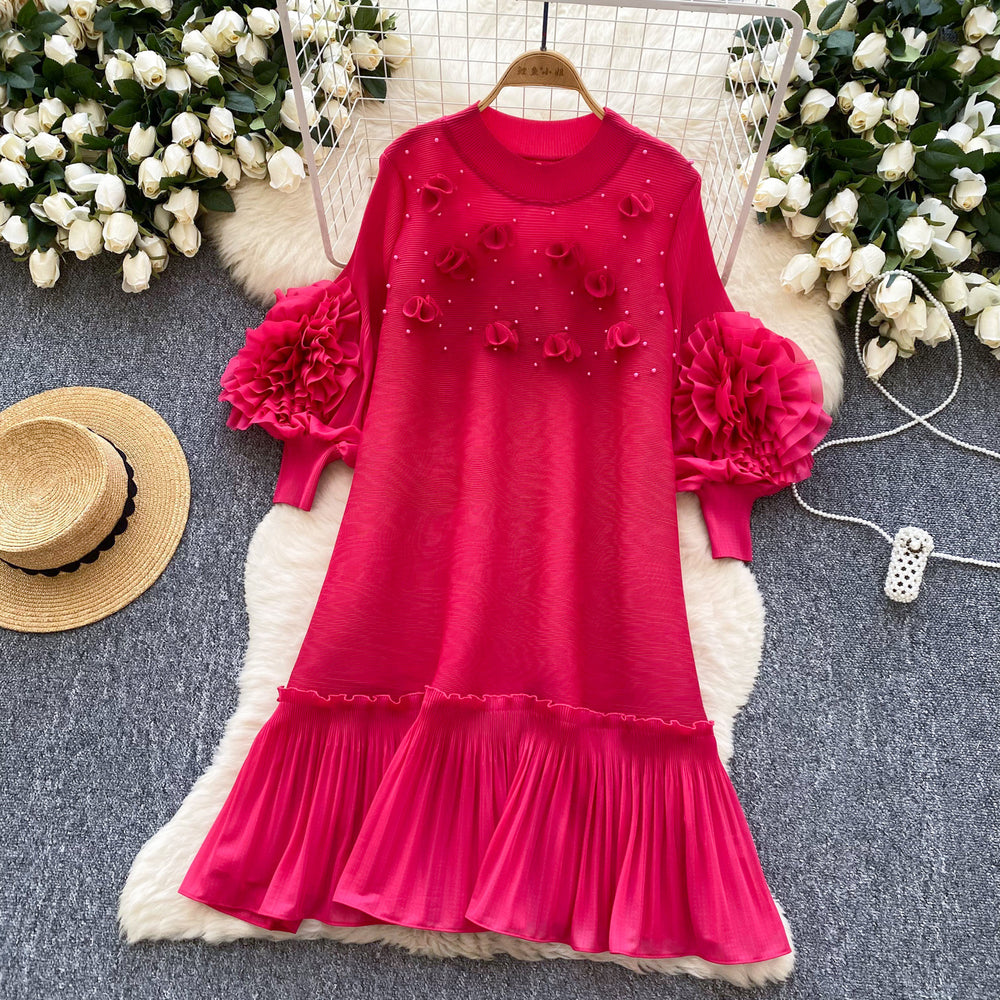 Miya pleated socialite style high-end dress - women's spring pleated 3d floral loose design elegant maxi dress