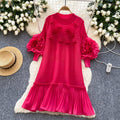Miya pleated socialite style high-end dress - women's spring pleated 3d floral loose design elegant maxi dress