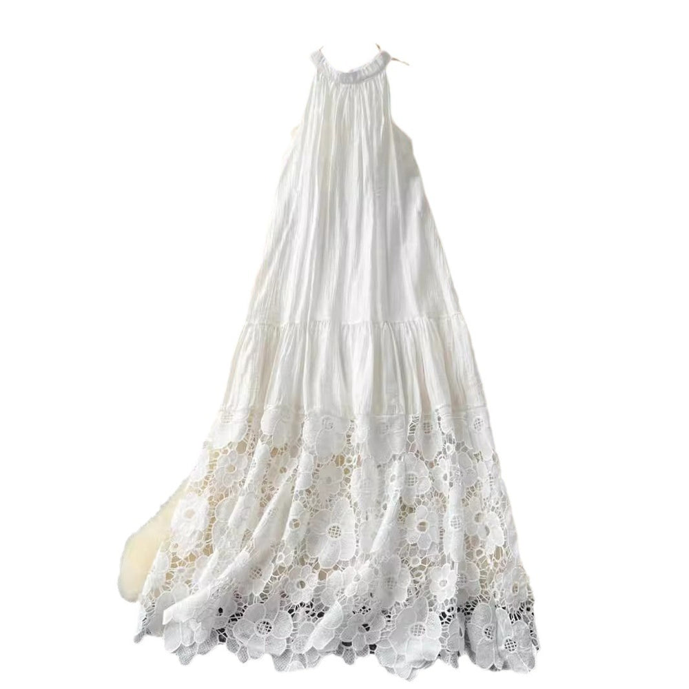 White fairy dress 2024 summer new arrival - high-end sleeveless halter neck lace patchwork loose elegant maxi dress