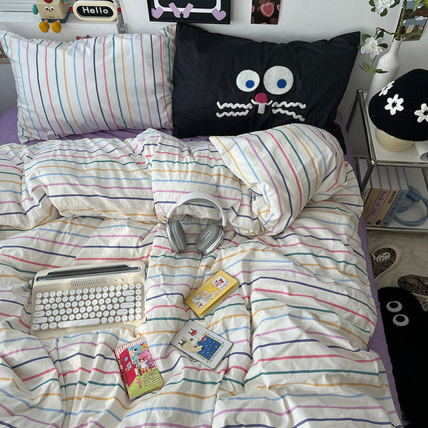Washed cotton dopamine stripes three-piece set big eyes towel embroidery four-piece set ins cartoon manufacturer wholesale