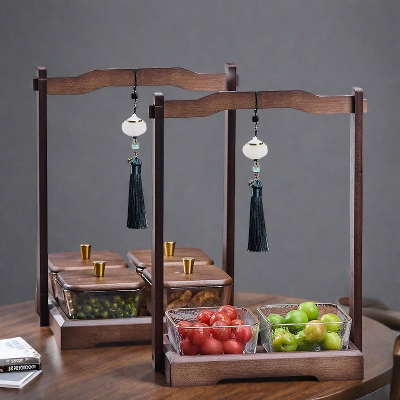 Luxury walnut wood-effect fruit & snack platter - home use, divided compartments, creative dried fruit dish, dessert glass bowl & fruit plate