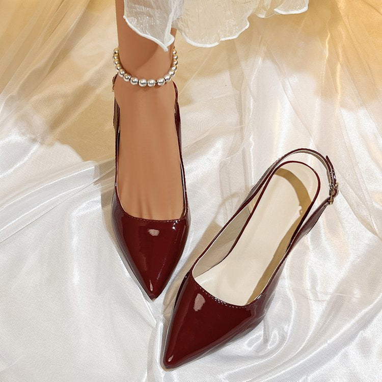 2026 burgundy patent leather pointed-toe sandals - women's high heel slingbacks with buckle strap, versatile and elegant work shoes
