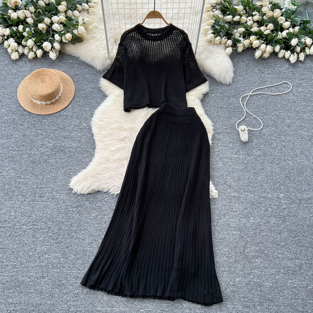 Summer outfit set for women: korean style, age-reducing, hollow-out short-sleeve knit top and high-waisted slimming midi skirt two-piece set