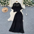 Summer outfit set for women: korean style, age-reducing, hollow-out short-sleeve knit top and high-waisted slimming midi skirt two-piece set
